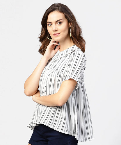 Women's Striped Printed Short-Shirt Collar And Elbow Sleeves A-Lined Top
