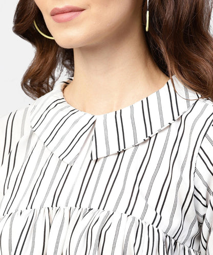 Women's Striped Printed Short-Shirt Collar And Elbow Sleeves A-Lined Top