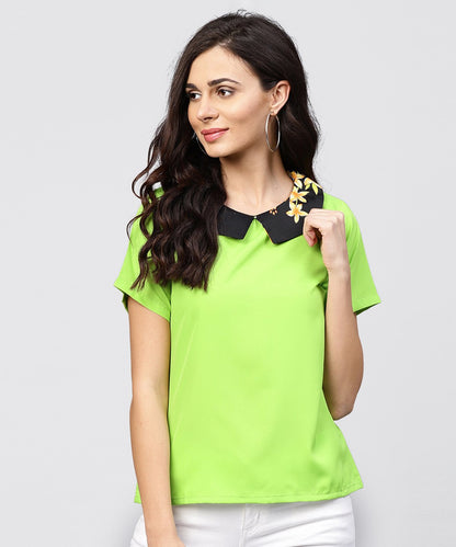 Women's Parrot Green Top With Half Sleeves And Collar