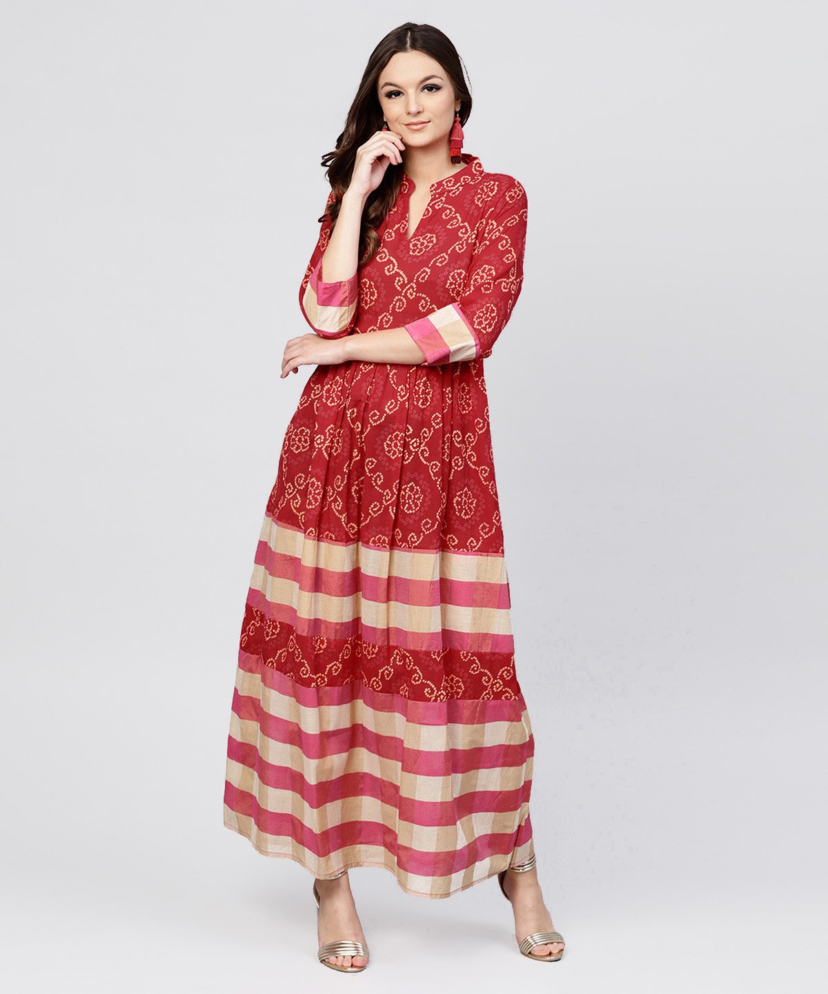 Women's Red Printed Dress With Mandarin Collar And 3/4 Sleeves