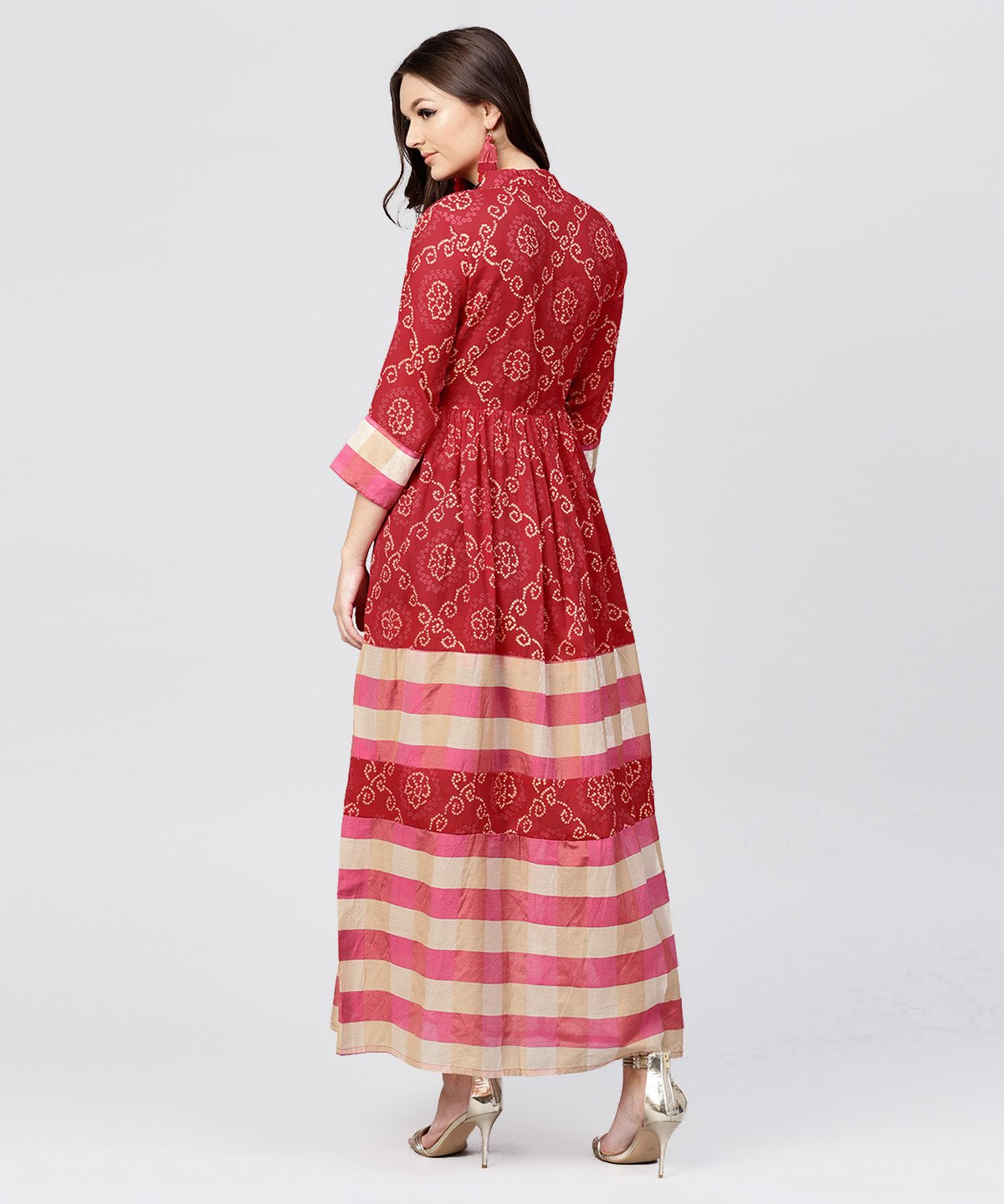 Women's Red Printed Dress With Mandarin Collar And 3/4 Sleeves