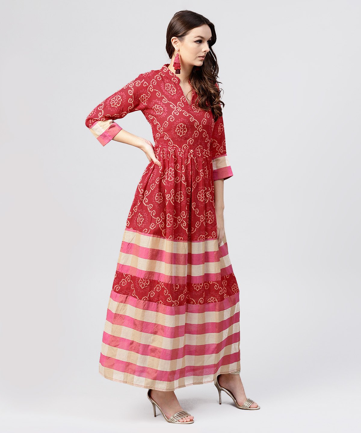 Women's Red Printed Dress With Mandarin Collar And 3/4 Sleeves