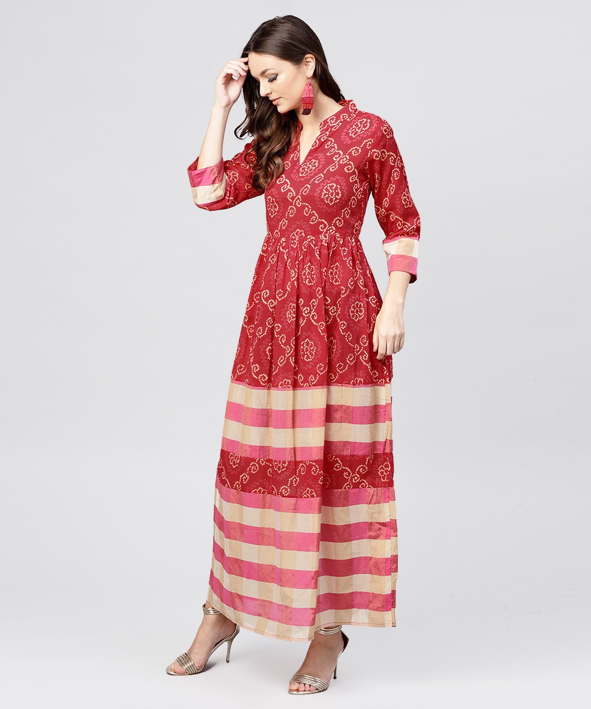 Women's Red Printed Dress With Mandarin Collar And 3/4 Sleeves