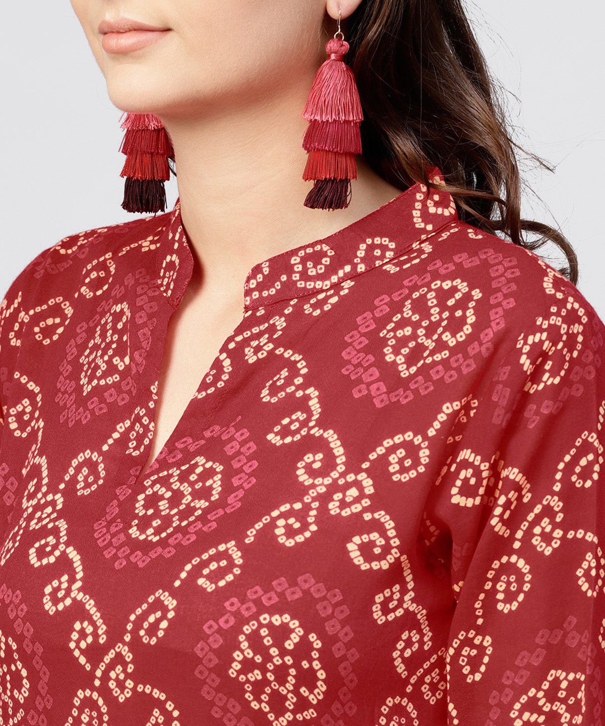 Women's Red Printed Dress With Mandarin Collar And 3/4 Sleeves