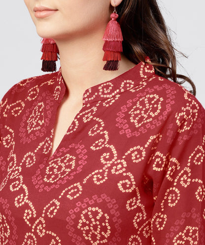Women's Red Printed Dress With Mandarin Collar And 3/4 Sleeves