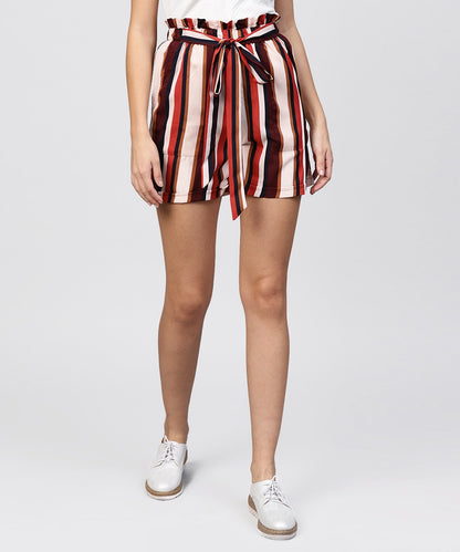 Women's Multi Colored Striped Shorts With Fabric Belt