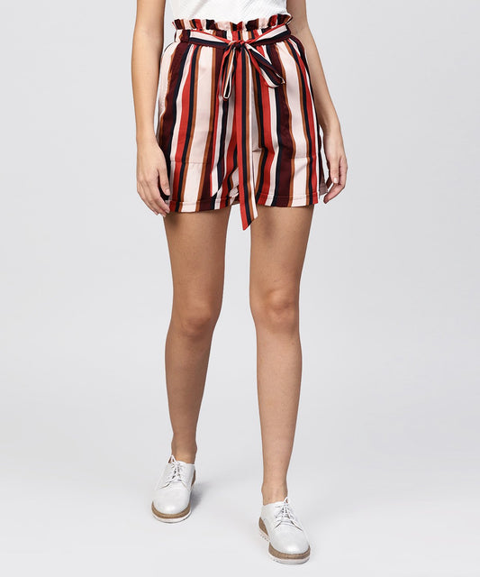 Women's Multi Colored Striped Shorts With Fabric Belt
