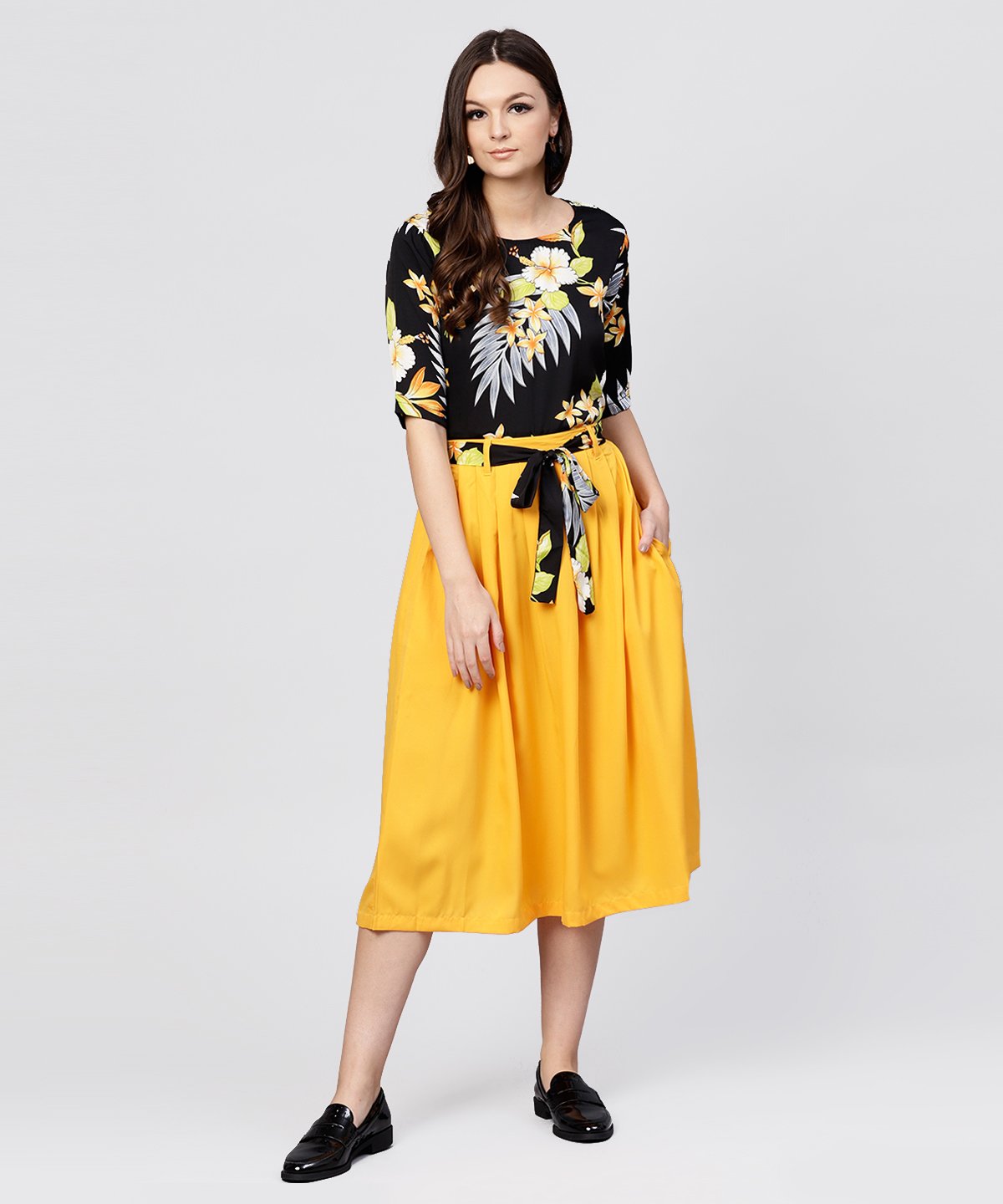 Women's Black Printed Half Sleeve Tops With Yellow Calf Length Skirt With Belt