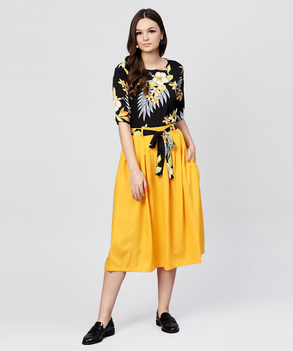 Women's Black Printed Half Sleeve Tops With Yellow Calf Length Skirt With Belt