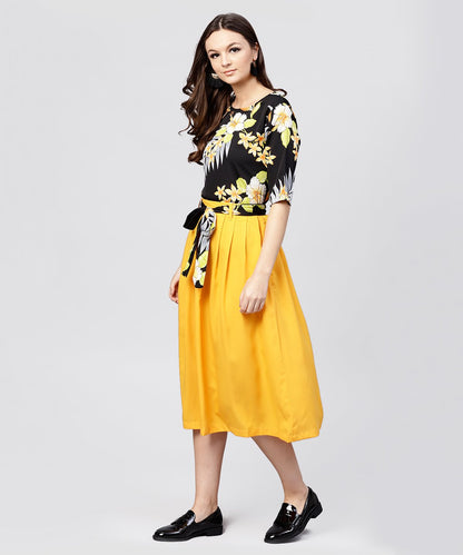 Women's Black Printed Half Sleeve Tops With Yellow Calf Length Skirt With Belt