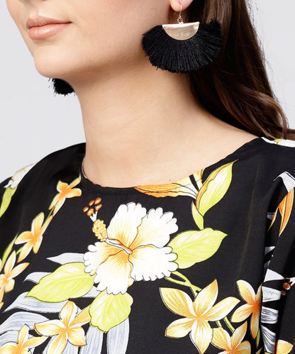 Women's Black Printed Half Sleeve Tops With Yellow Calf Length Skirt With Belt
