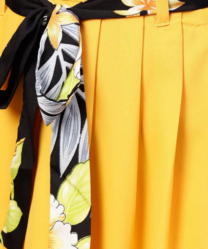 Women's Black Printed Half Sleeve Tops With Yellow Calf Length Skirt With Belt