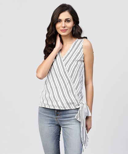 Women's White And Grey Striped Cotton Top With V-Neck