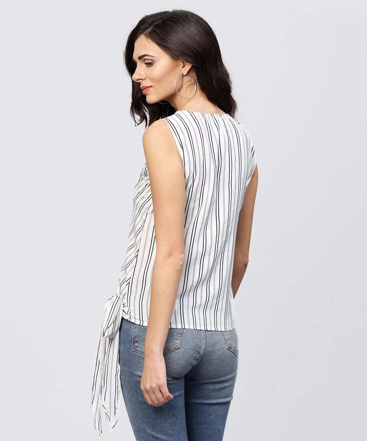 Women's White And Grey Striped Cotton Top With V-Neck