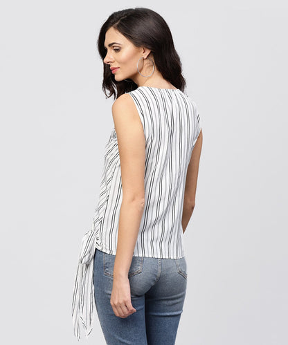 Women's White And Grey Striped Cotton Top With V-Neck