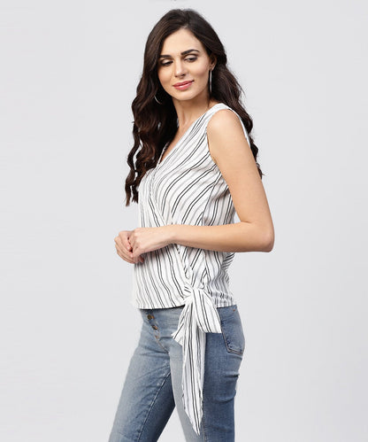 Women's White And Grey Striped Cotton Top With V-Neck