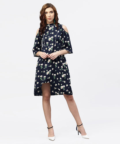 Women's Navy Blue Printed Dress With Round Neck And Cold Shoulders Sleeves
