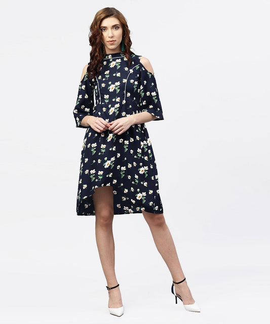 Women's Navy Blue Printed Dress With Round Neck And Cold Shoulders Sleeves