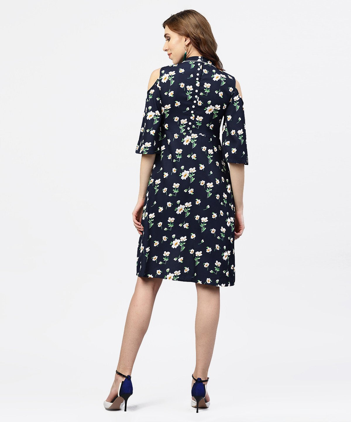 Women's Navy Blue Printed Dress With Round Neck And Cold Shoulders Sleeves