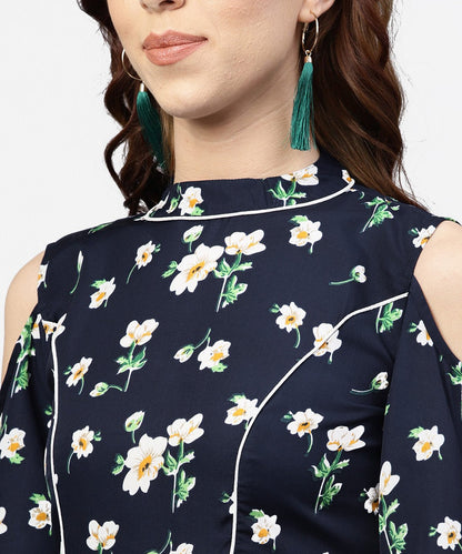 Women's Navy Blue Printed Dress With Round Neck And Cold Shoulders Sleeves