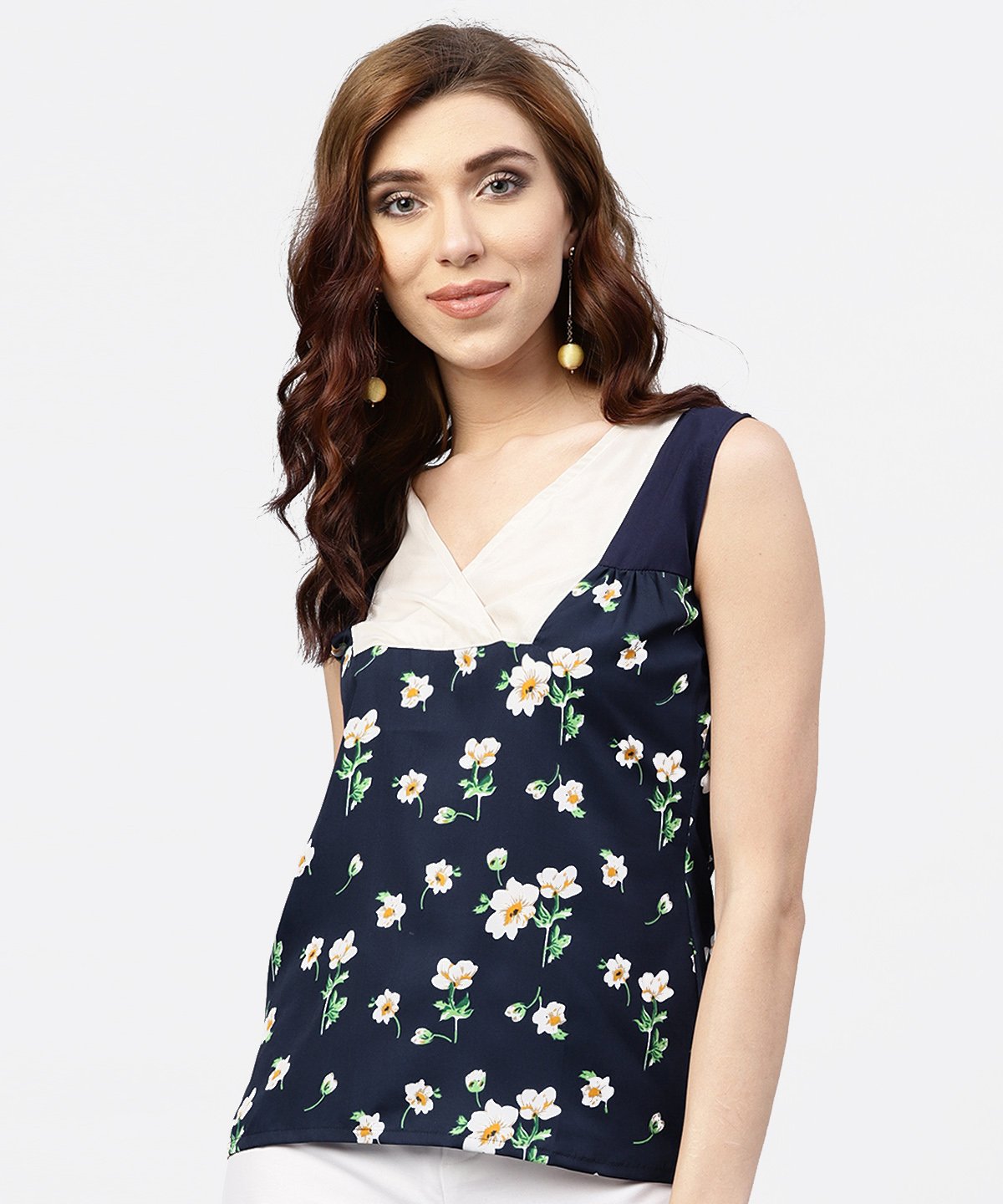 Women's Navy Blue Floral  Printed Sleevless  Top With Front Yoke And V-Neck