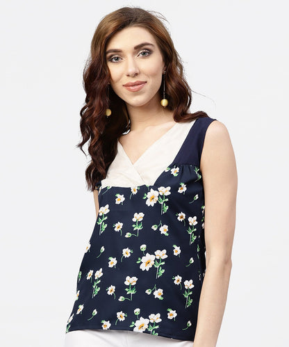 Women's Navy Blue Floral  Printed Sleevless  Top With Front Yoke And V-Neck