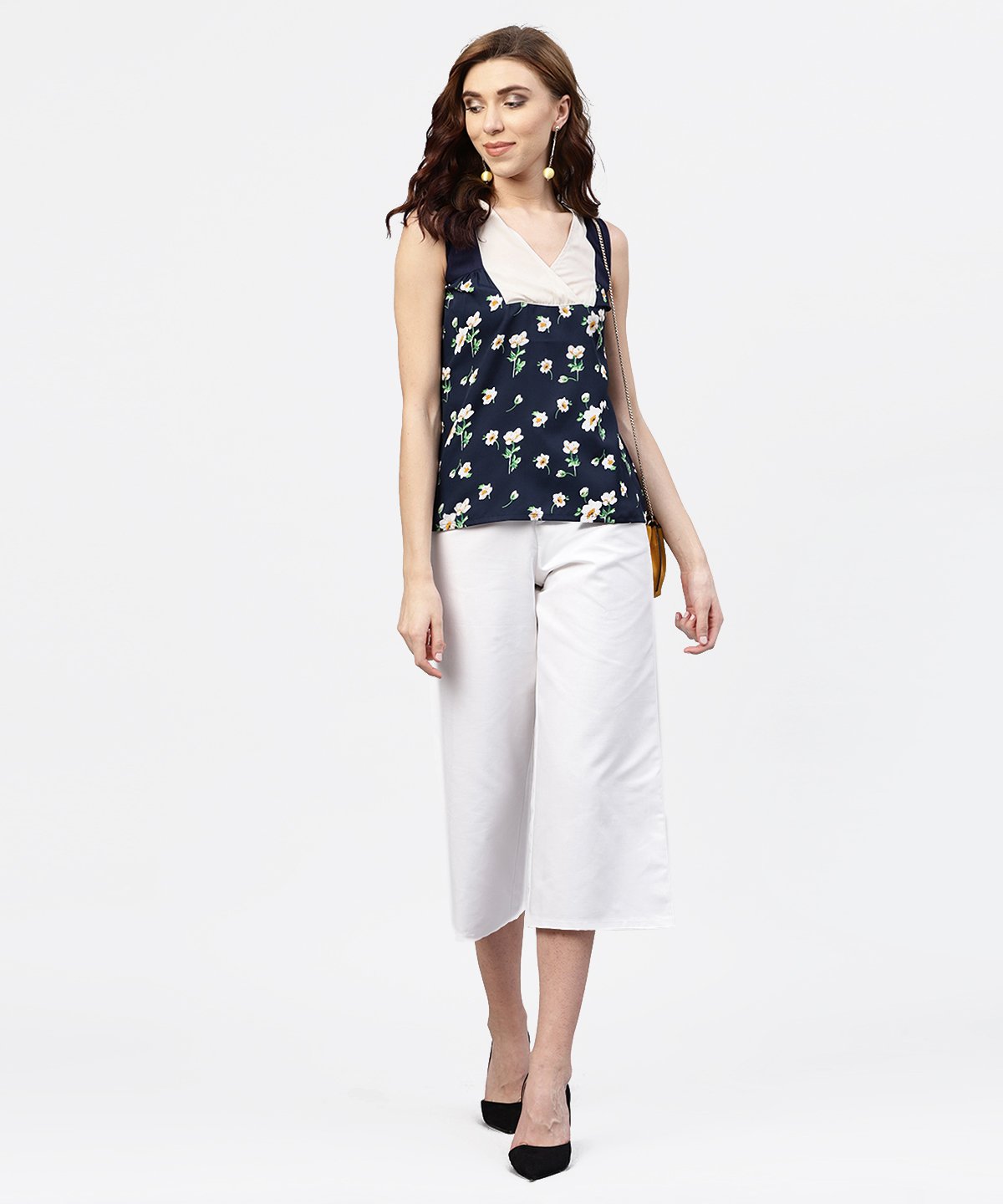 Women's Navy Blue Floral  Printed Sleevless  Top With Front Yoke And V-Neck