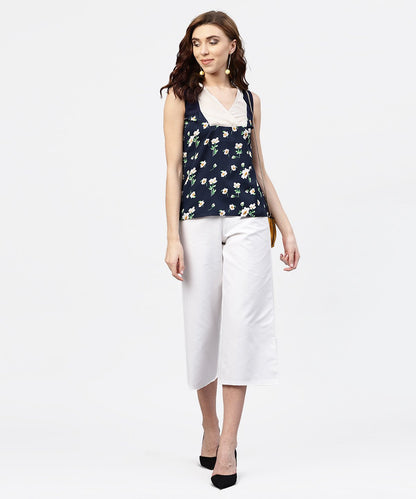 Women's Navy Blue Floral  Printed Sleevless  Top With Front Yoke And V-Neck