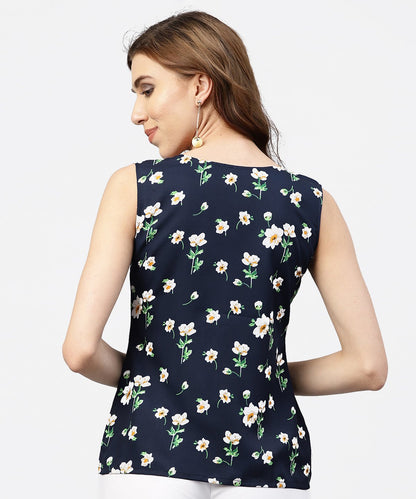 Women's Navy Blue Floral  Printed Sleevless  Top With Front Yoke And V-Neck