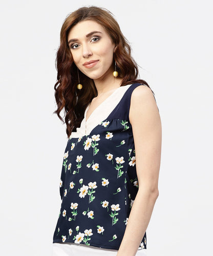 Women's Navy Blue Floral  Printed Sleevless  Top With Front Yoke And V-Neck