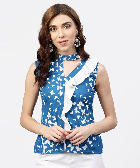 Women's Blue Printed Top With Front Placket And Madarin Collar