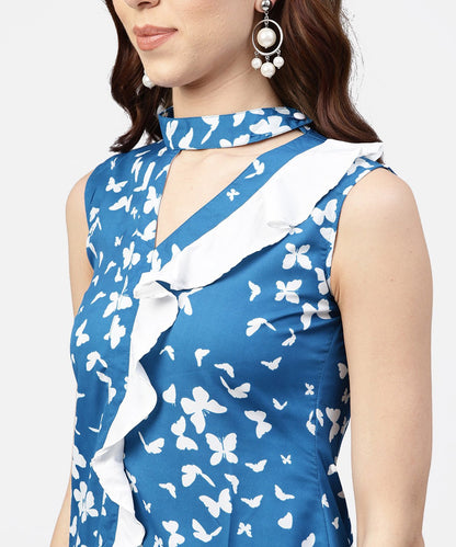 Women's Blue Printed Top With Front Placket And Madarin Collar