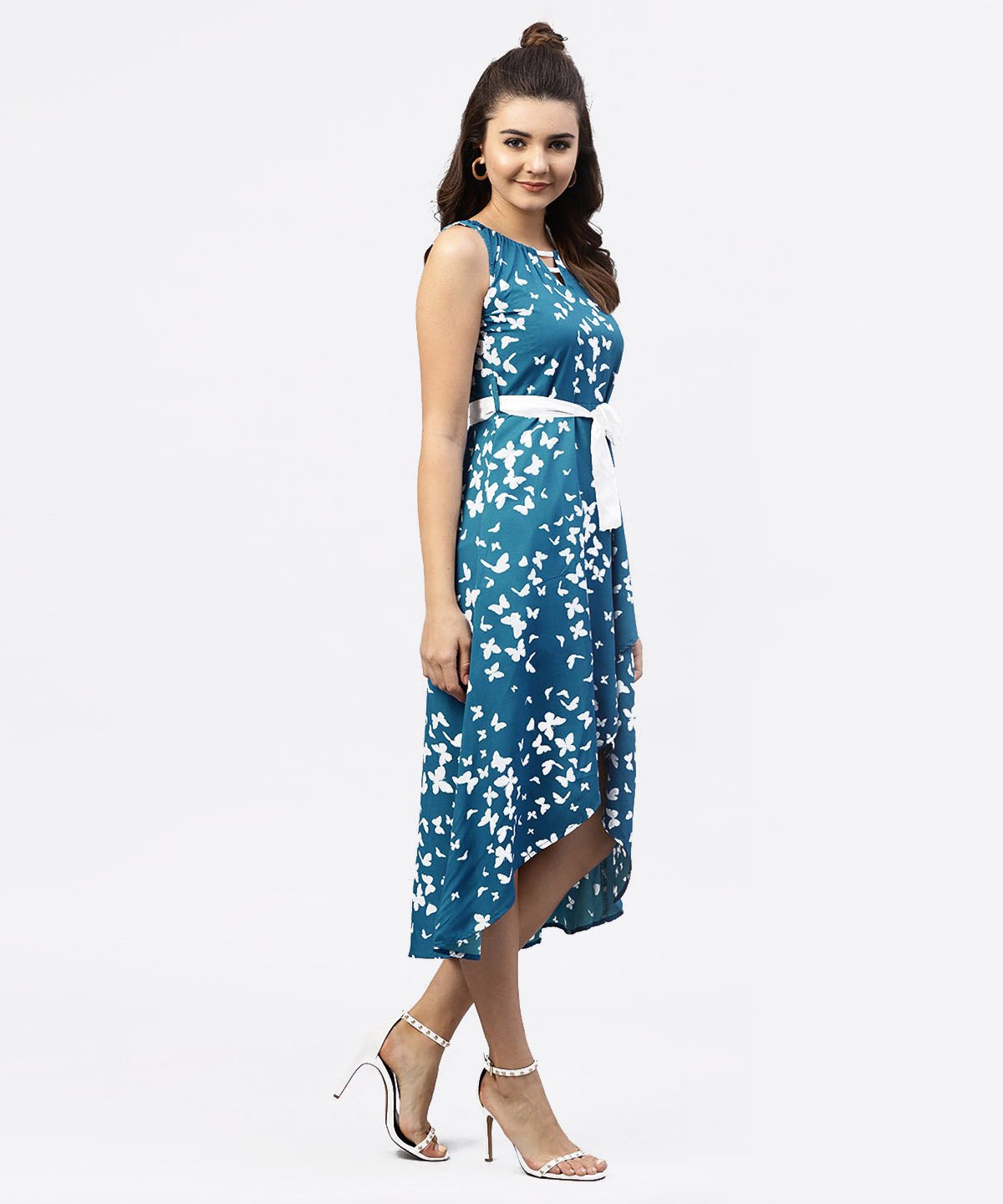 Women's Blue Printed Sleevesless Asymmetric Dress With Gathered Round Neckline