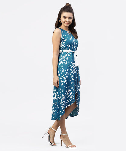 Women's Blue Printed Sleevesless Asymmetric Dress With Gathered Round Neckline