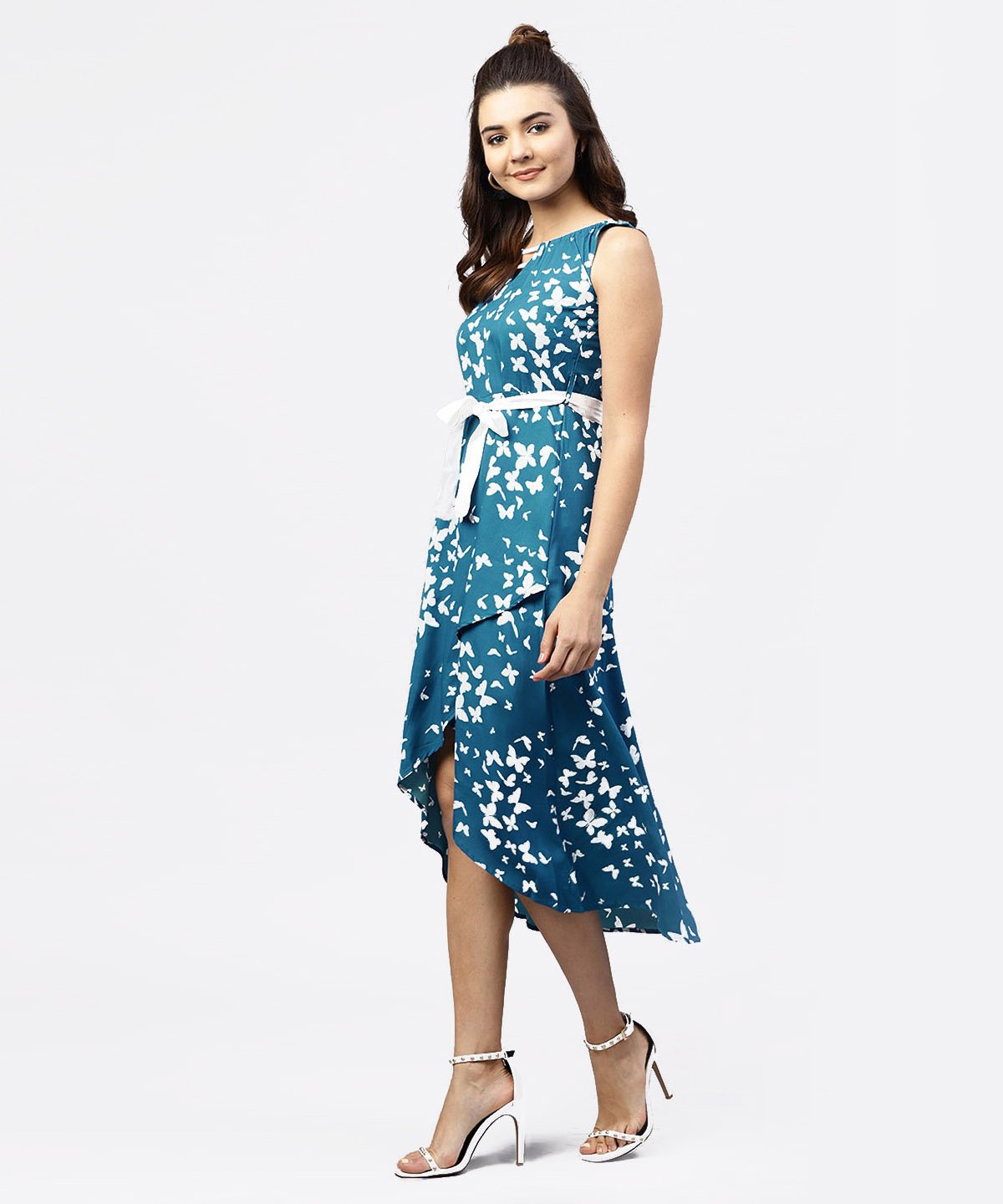 Women's Blue Printed Sleevesless Asymmetric Dress With Gathered Round Neckline