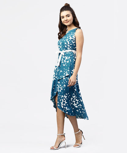 Women's Blue Printed Sleevesless Asymmetric Dress With Gathered Round Neckline