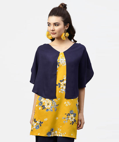 Women's Yellow Printed Tunic With Attached Cape Sleeves And V-Neck