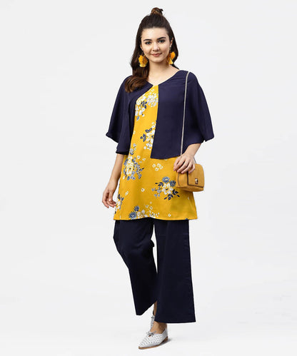 Women's Yellow Printed Tunic With Attached Cape Sleeves And V-Neck