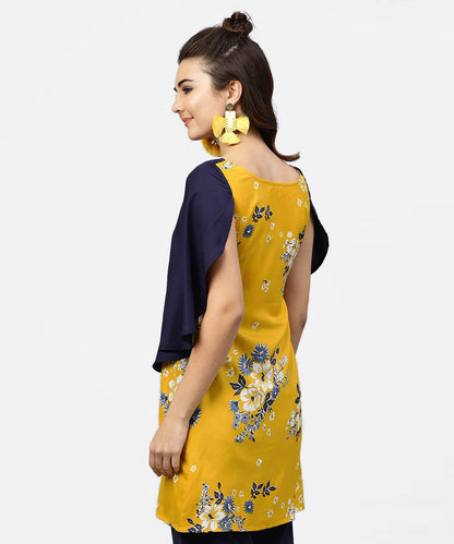 Women's Yellow Printed Tunic With Attached Cape Sleeves And V-Neck