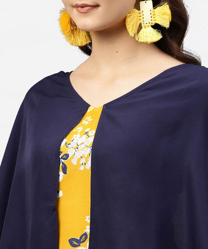 Women's Yellow Printed Tunic With Attached Cape Sleeves And V-Neck