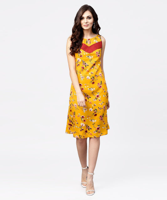 Women's Mustard Floral Printed Sleeveless Dress With Key Hole Neck