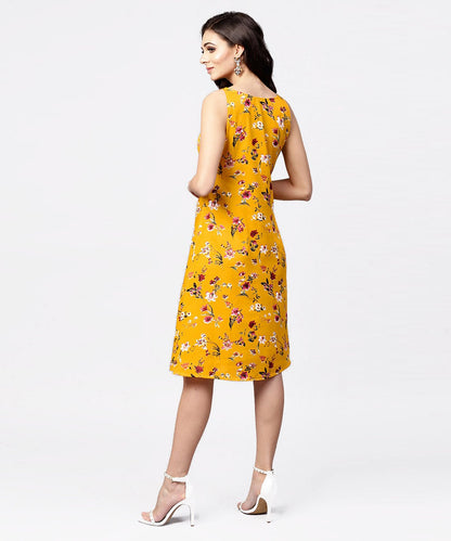 Women's Mustard Floral Printed Sleeveless Dress With Key Hole Neck