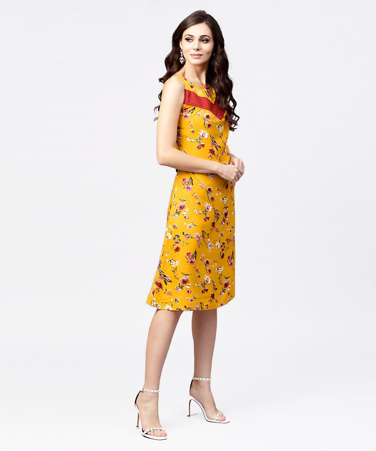 Women's Mustard Floral Printed Sleeveless Dress With Key Hole Neck