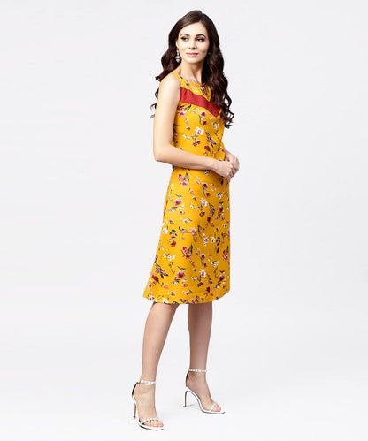 Women's Mustard Floral Printed Sleeveless Dress With Key Hole Neck