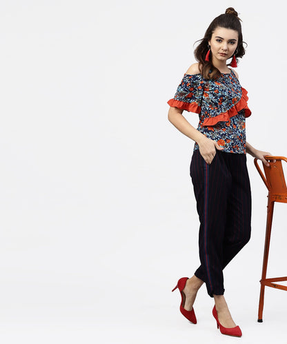 Women's Blue Floral Printed Top With Round Neck And Cold Shoulders