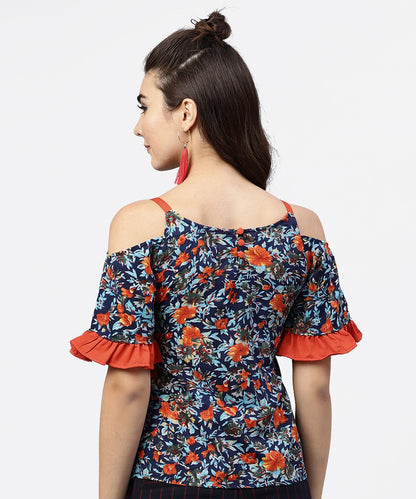 Women's Blue Floral Printed Top With Round Neck And Cold Shoulders