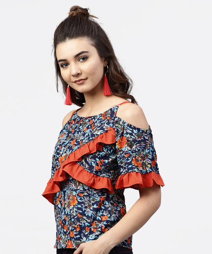 Women's Blue Floral Printed Top With Round Neck And Cold Shoulders
