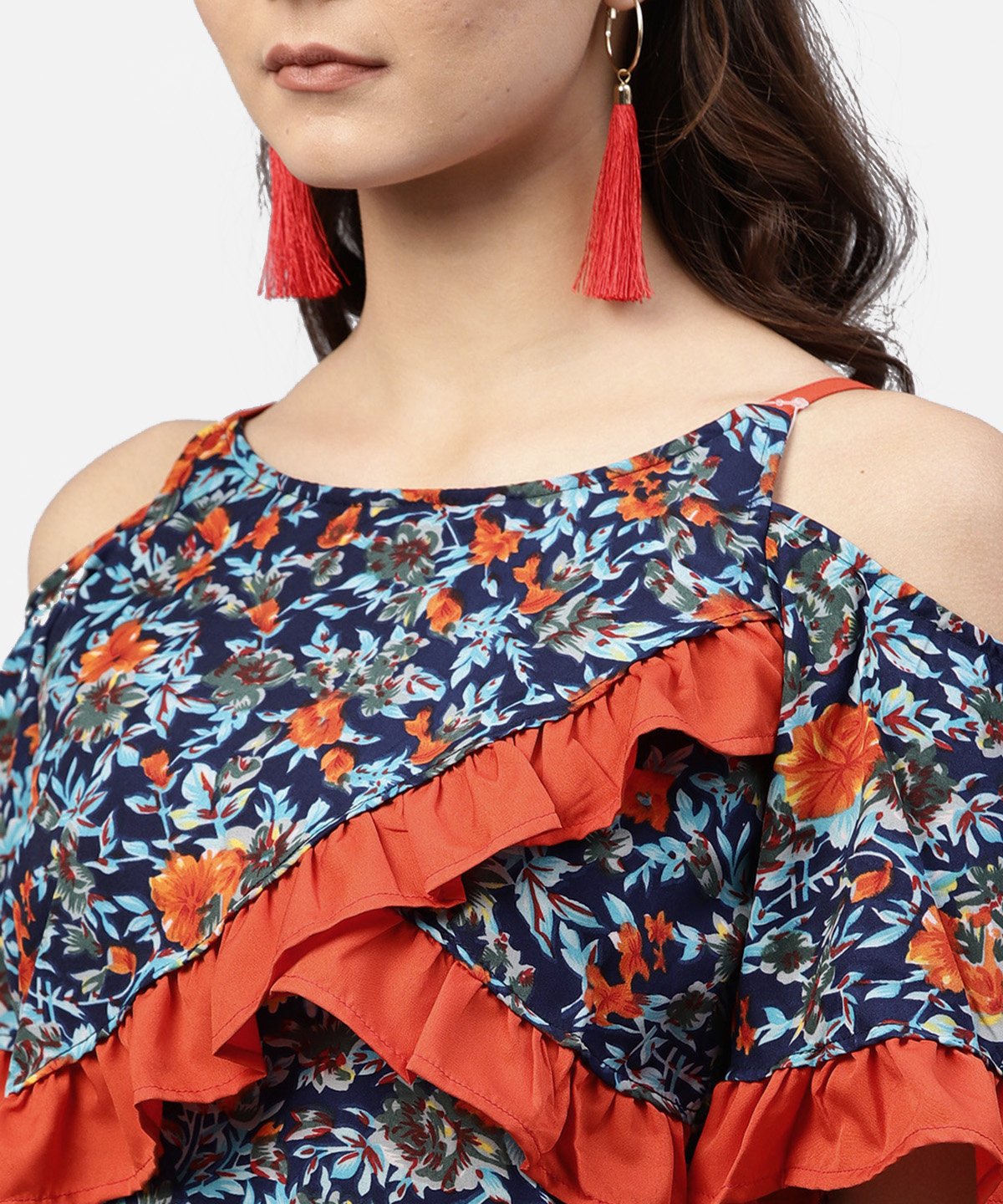 Women's Blue Floral Printed Top With Round Neck And Cold Shoulders