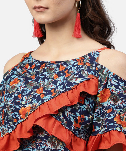 Women's Blue Floral Printed Top With Round Neck And Cold Shoulders