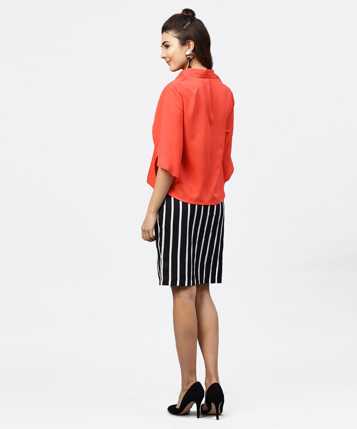 Women's Red Cape Sleeves Formal Shirt Set With Midi Striped Skirt